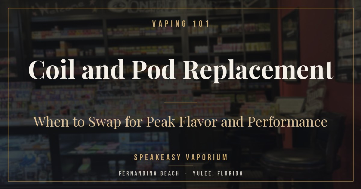 Vape devices and replacement coils displayed on a shop counter