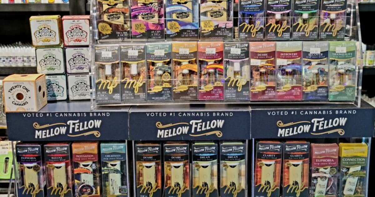 Delta-8 hemp products on display at Speakeasy Vaporium with Florida law update overlay