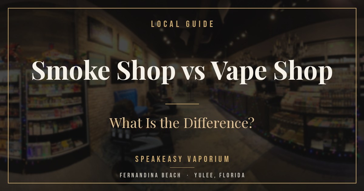 Wide view of the Speakeasy Vaporium smoke shop and vape lounge interior in Yulee, Florida